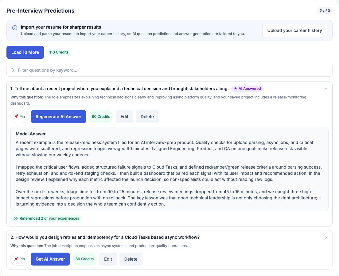 AI-generated Best Answers - Turn your projects and work stories into more specific interview answers.
