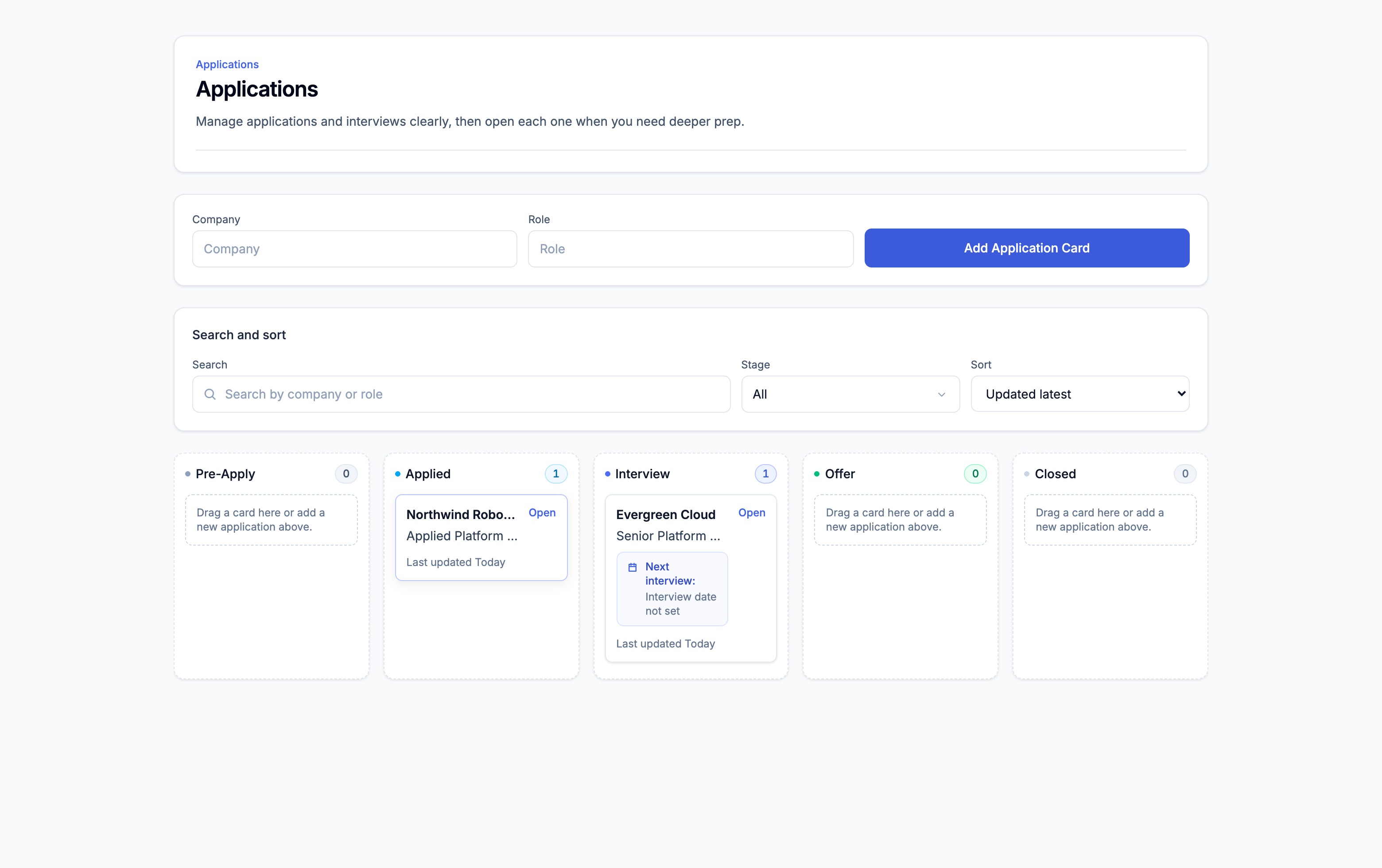 Interview Tracker - Track applications, interview rounds, and interview notes in one flow.