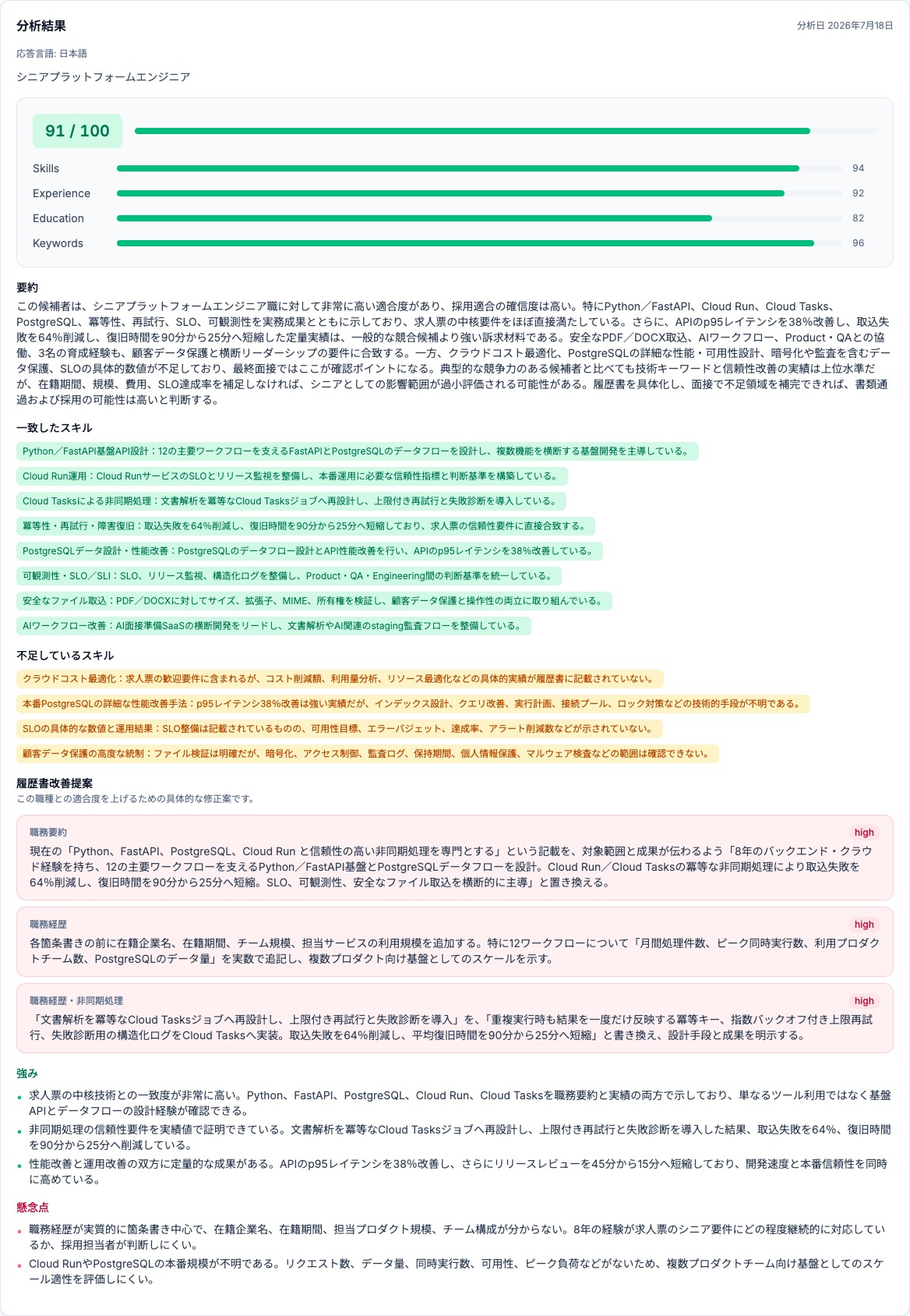 職務内容 / 履歴書マッチ分析 - 履歴書が求人票にどれだけ合っているかを分析し、具体的な改善案からAI履歴書修正へ進めます。